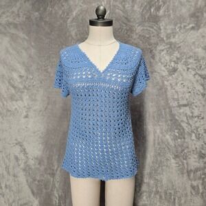 Blue Crochet VNeck Open Knit Top Shirt Boho Cottagecore Coastal Sheer Festival S